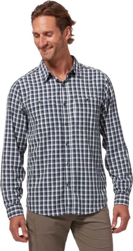 REi Co-op IE Navy Royal Robbins Bug Barrier Vista Dry Plaid Long-Sleeve Shirt Men