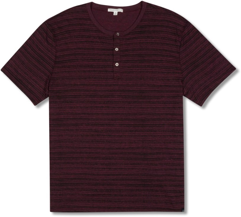 REi Co-op IE Maroon Rust Threads 4 Thought Dirt Road Striped Henley Shirt Men